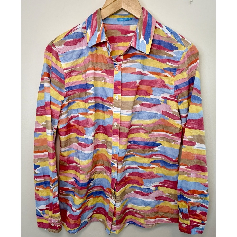 J McLaughlin Women's Small Watercolor Stripe Button Front Shirt Long Sleeve S